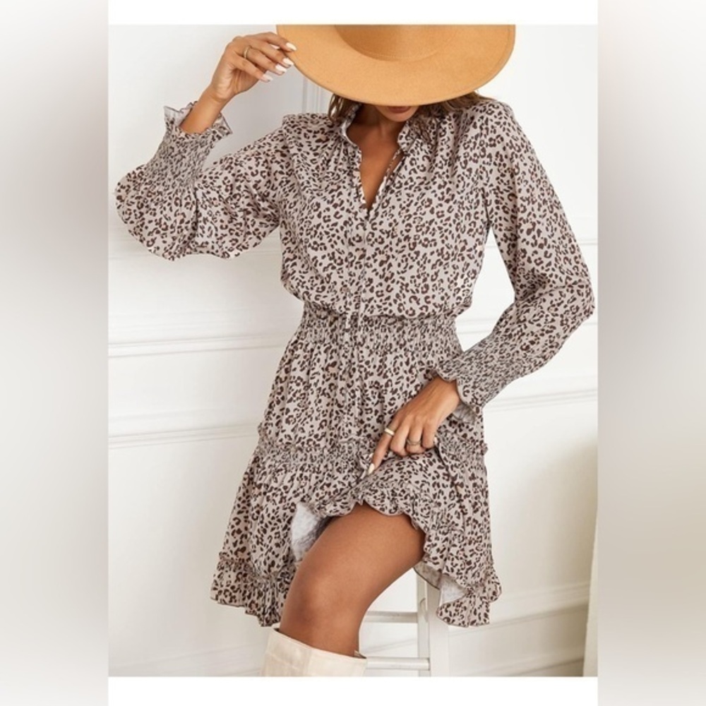 Cupshe Sweet Leopard Print Mini Dress Smocked Waist Henley Floral Small RefCPH06